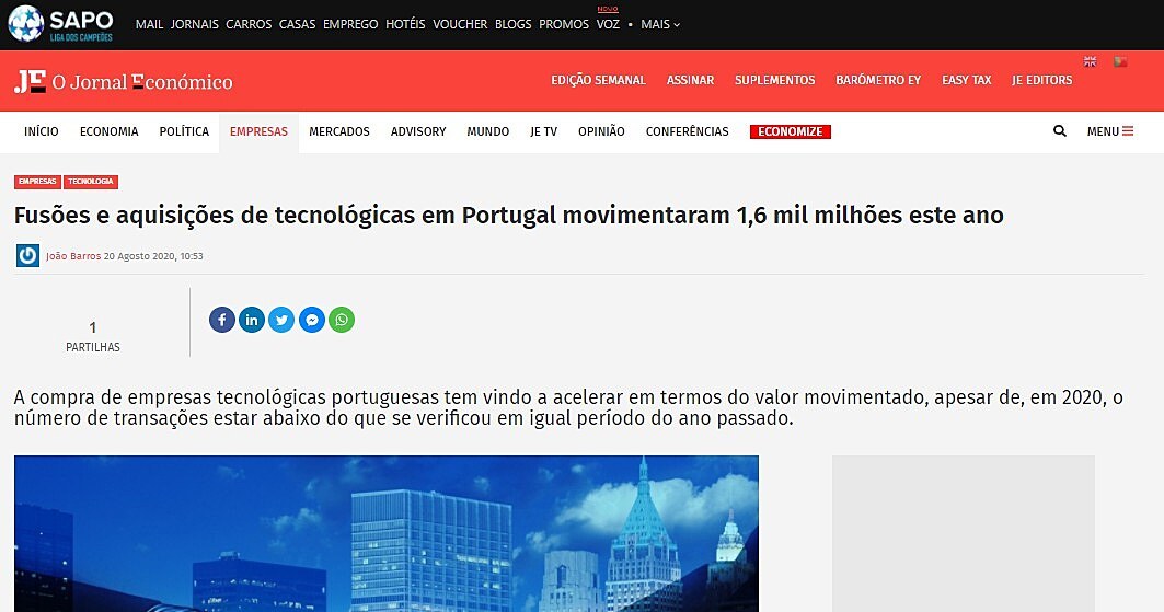 Fuses e aquisies de tecnolgicas em Portugal movimentaram 1,6 mil milhes este ano